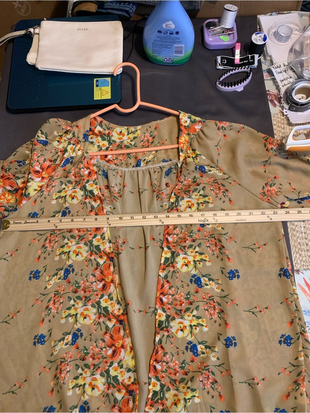 Women’s M Floral Crochet Trim Kimono Cardigan - Tan - Picture 4 of 6